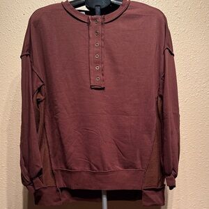 Brown sweatshirt relaxed size medium two tone button ruffle distress detail NEW